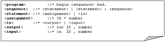 Folded Corner: <program>		::= begin <sequence> end.
<sequence> 	::= <statement> | <statement> ; <sequence>
<statement>	::= <assignment> | <io>
<assignment> 	::= ID = number
<io>		::= <output> | <input>
<output>		::= out ID , number
<input>		::= in  ID , number

